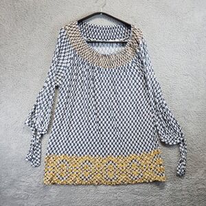 Fever Smocked Top Blouse Women's 1X Long Sleeve Casual‎ Chic Boho Blue Yellow